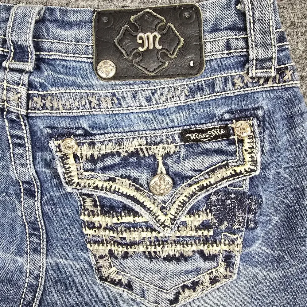 Miss Me Jeans Womens 26 Blue Bootcut Embroidered Distressed Flap Pocket